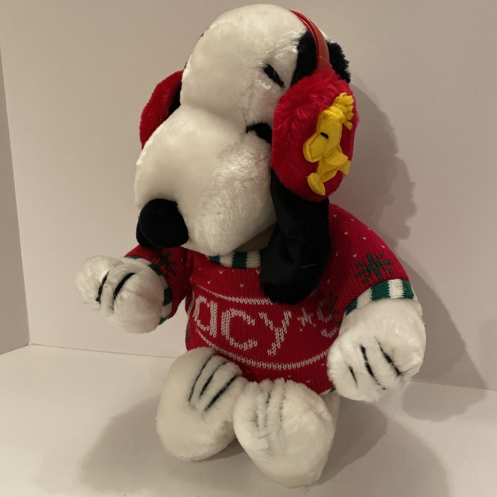 SNOOPY Peanut Plush Macys 19" Christmas Sweater Woodstock Earmuffs decor vintage